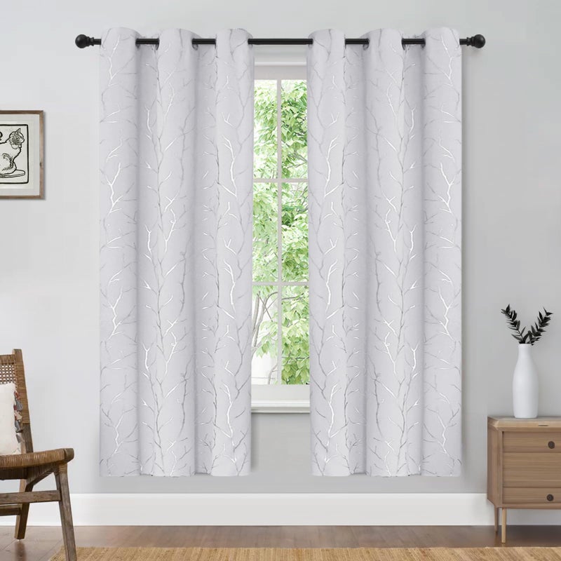 BUHUA White Black Out Curtains 63 Inch Long 2 Panels, Soundproof Curtains with Elegant Silver Tree Branches Print, Window Treament for Livingroom, 52W x 63L, Greyish White - Image 2
